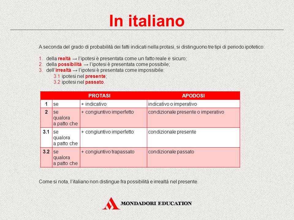 In italiano A seconda del grado di probabilità dei fatti indicati nella protasi, si distinguono tre tipi di periodo ipotetico: