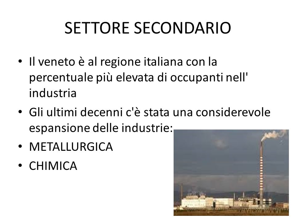 SETTORE SECONDARIO Il veneto è al regione italiana con la percentuale più elevata di occupanti nell industria.