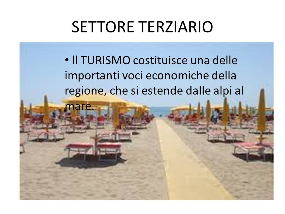 SETTORE TERZIARIO ll TURISMO costituisce una delle importanti voci economiche della regione, che si estende dalle alpi al mare.
