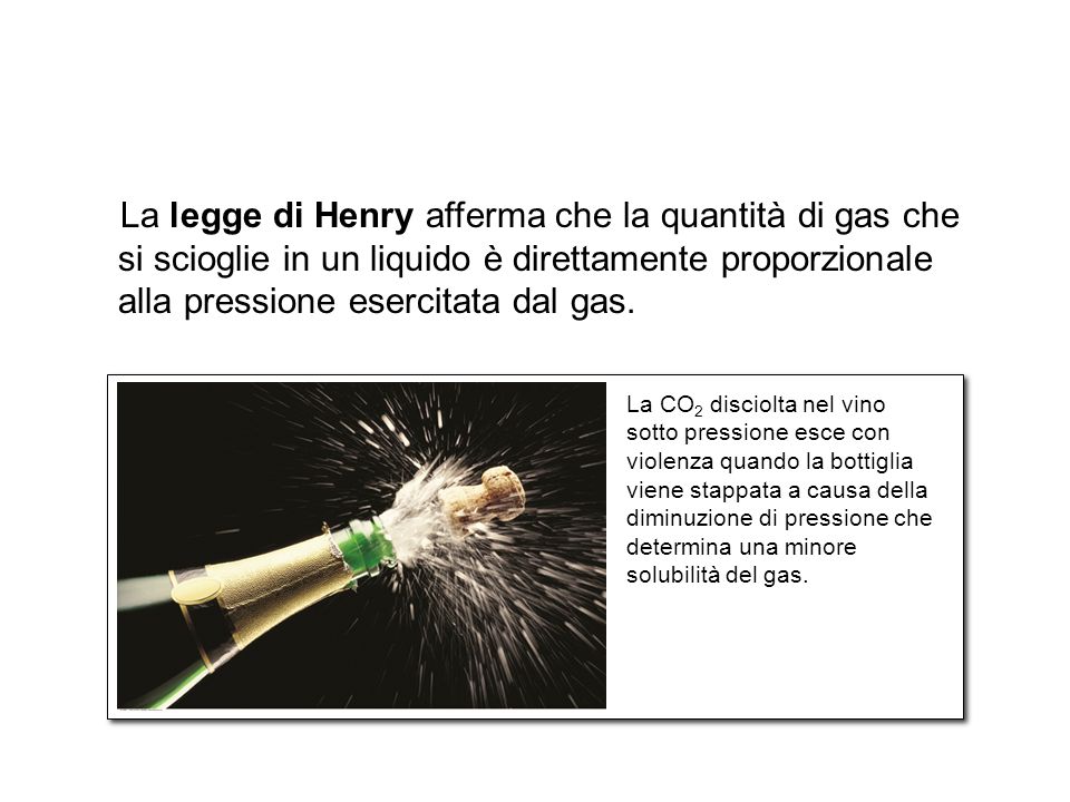La legge di Henry afferma che la quantità di gas che si scioglie in un liquido è direttamente proporzionale alla pressione esercitata dal gas.