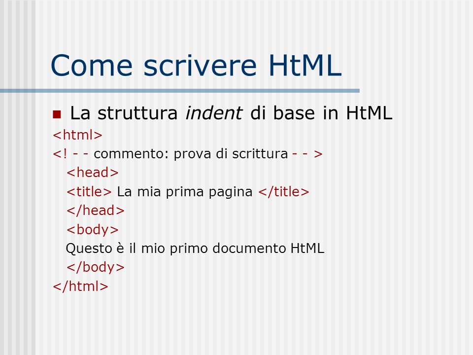 Come scrivere HtML La struttura indent di base in HtML <html>