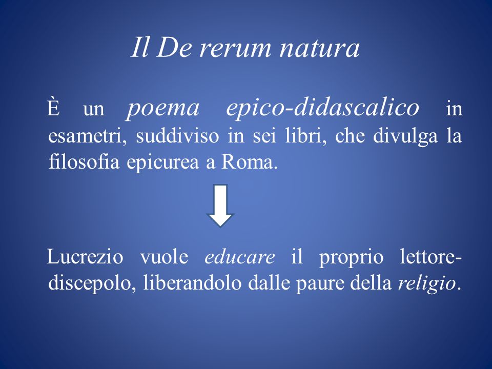 Il De rerum natura È un poema epico-didascalico in esametri, suddiviso in sei libri, che divulga la filosofia epicurea a Roma.