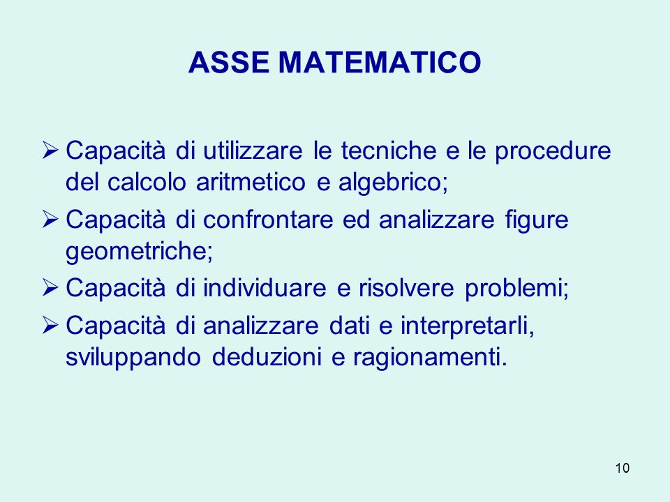 ASSE MATEMATICO Capacità di utilizzare le tecniche e le procedure del calcolo aritmetico e algebrico;