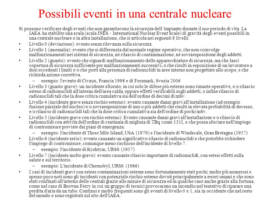 Possibili eventi in una centrale nucleare