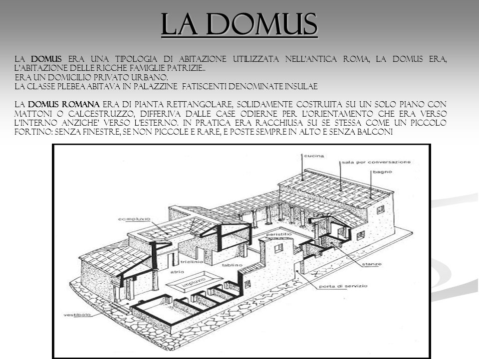 La domus la domus era una tipologia di abitazione utilizzata nell antica Roma, la domus era, l abitazione delle ricche famiglie patrizie..