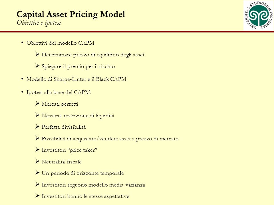 Capital Asset Pricing Model Obiettivi e ipotesi