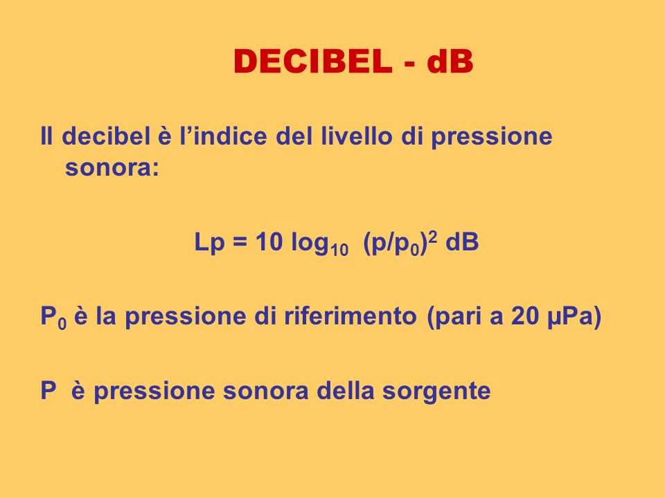DECIBEL - dB Il decibel è l’indice del livello di pressione sonora: