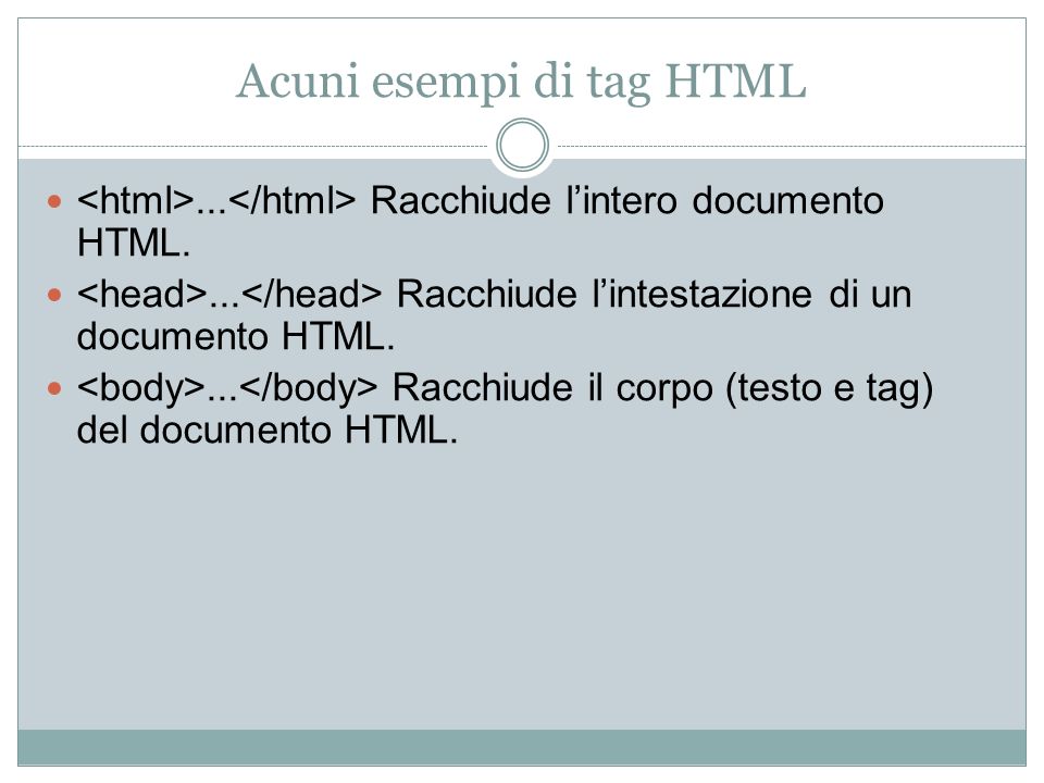 Acuni esempi di tag HTML
