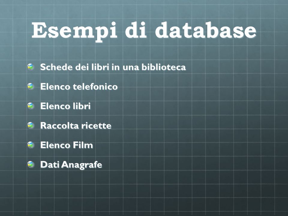 Esempi di database Schede dei libri in una biblioteca