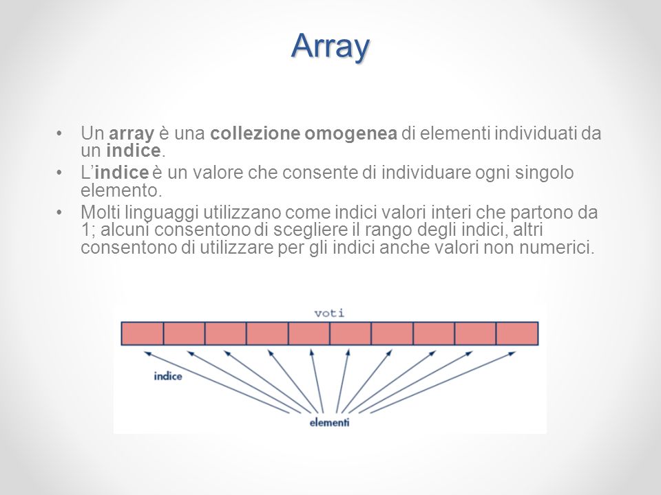 Array Un array è una collezione omogenea di elementi individuati da un indice.