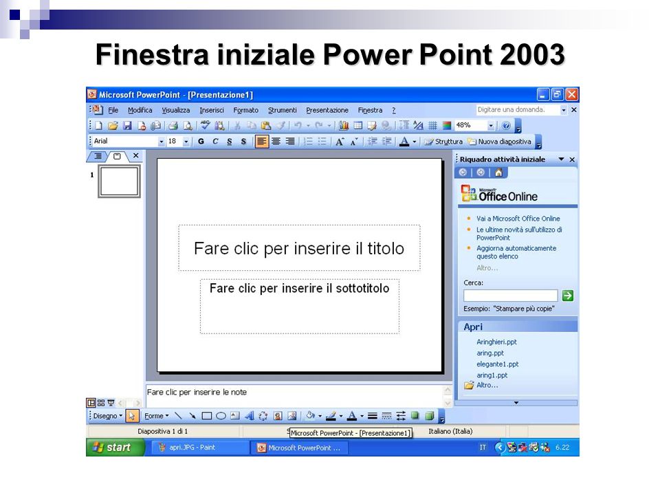 Finestra iniziale Power Point 2003