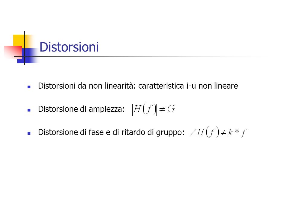 Distorsioni Distorsioni da non linearità: caratteristica i-u non lineare. Distorsione di ampiezza: