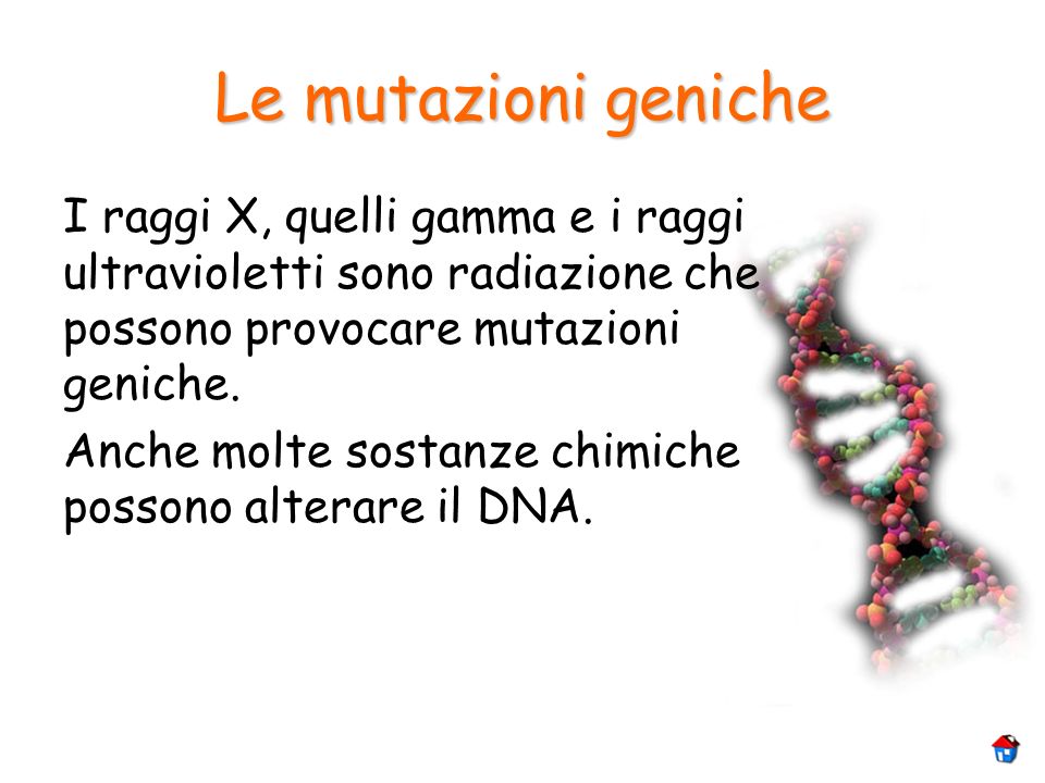 Le mutazioni geniche I raggi X, quelli gamma e i raggi ultravioletti sono radiazione che possono provocare mutazioni geniche.