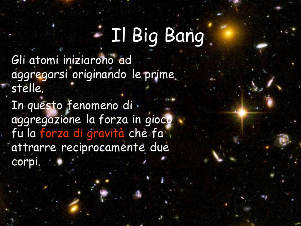 Il Big Bang Il Big Bang. Gli atomi iniziarono ad aggregarsi originando le prime stelle.
