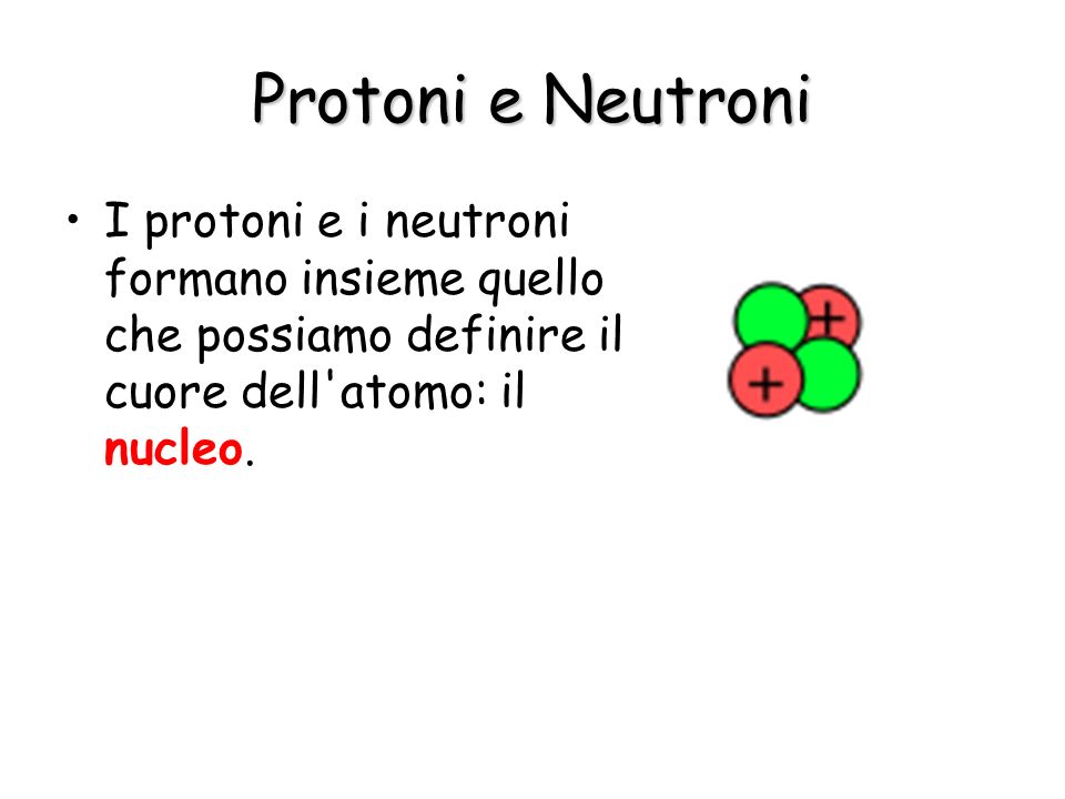 Protoni e Neutroni I protoni e i neutroni formano insieme quello che possiamo definire il cuore dell atomo: il nucleo.