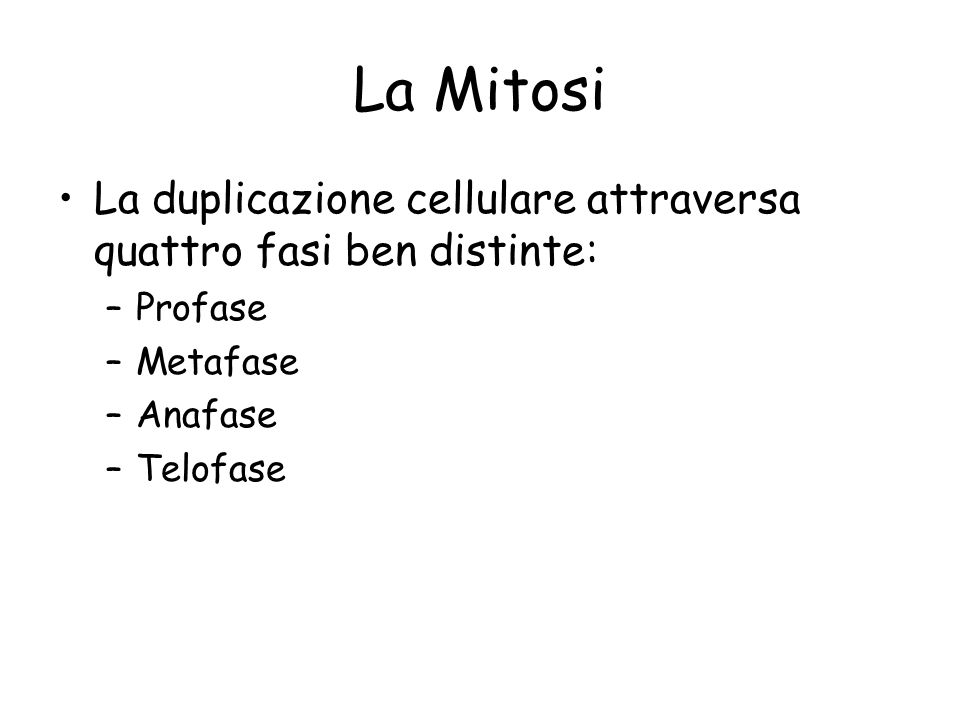 La Mitosi La duplicazione cellulare attraversa quattro fasi ben distinte: Profase. Metafase. Anafase.