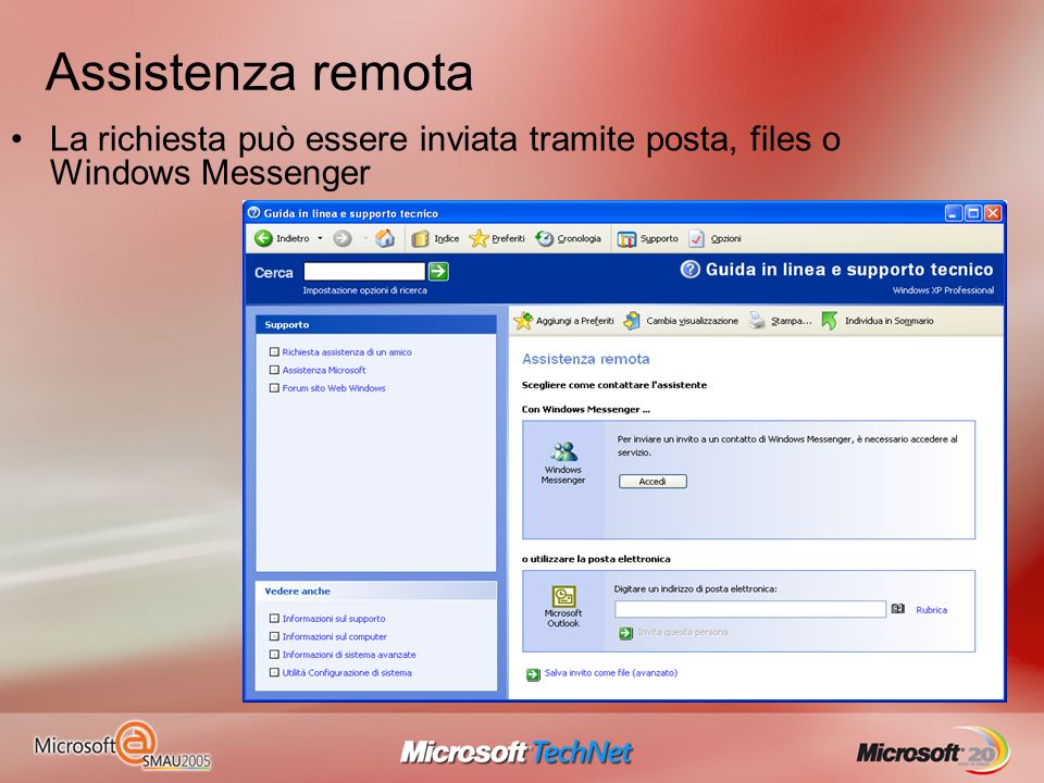 Assistenza remota La richiesta può essere inviata tramite posta, files o Windows Messenger