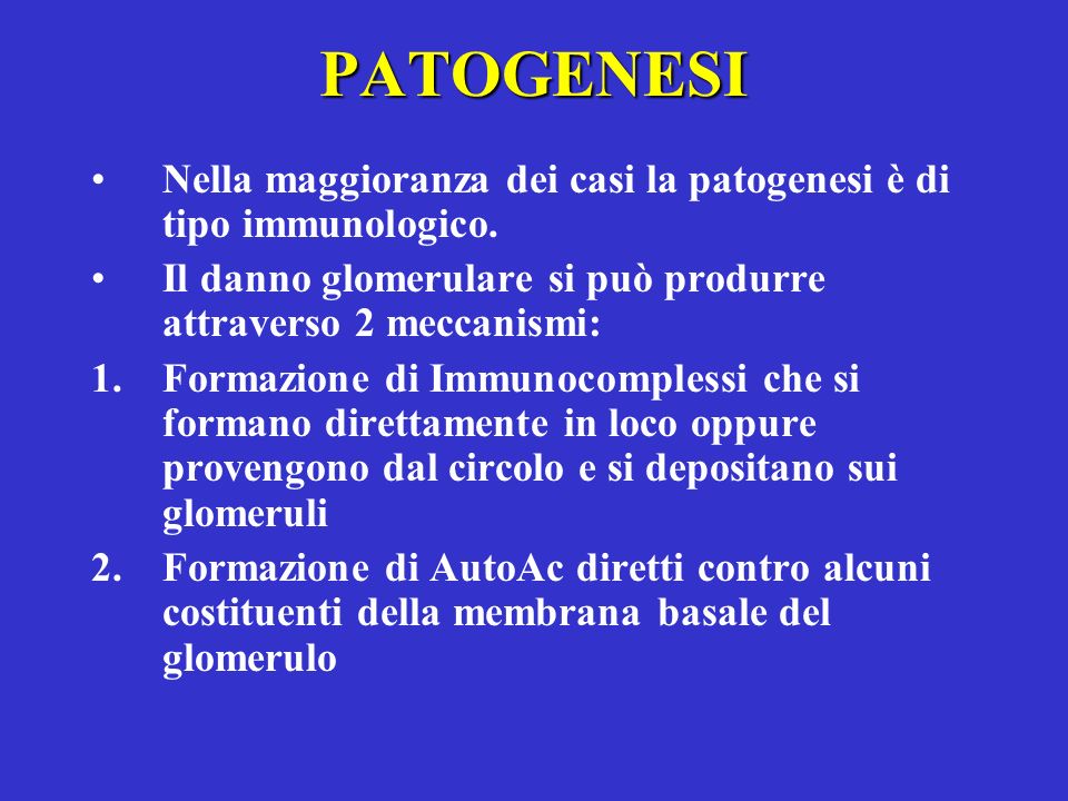 PATOGENESI Nella maggioranza dei casi la patogenesi è di tipo immunologico. Il danno glomerulare si può produrre attraverso 2 meccanismi:
