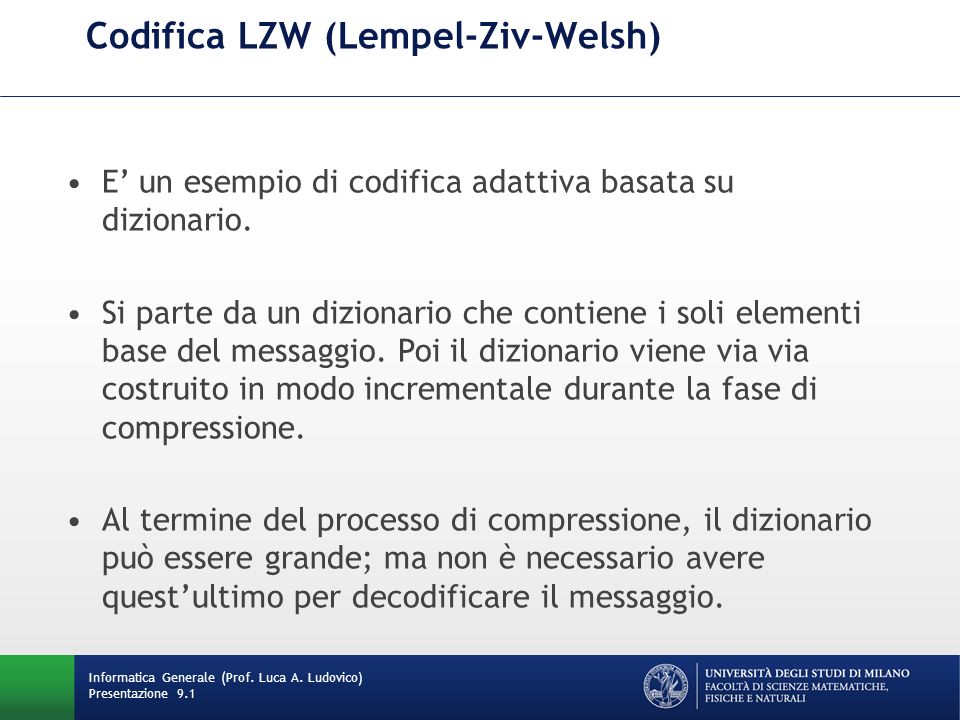 Codifica LZW (Lempel-Ziv-Welsh)