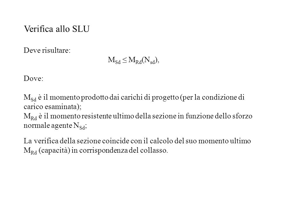 Verifica allo SLU Deve risultare: MSd ≤ MRd(Nsd), Dove: