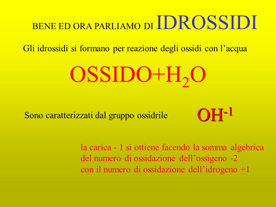 OSSIDO+H2O OH-1 BENE ED ORA PARLIAMO DI IDROSSIDI