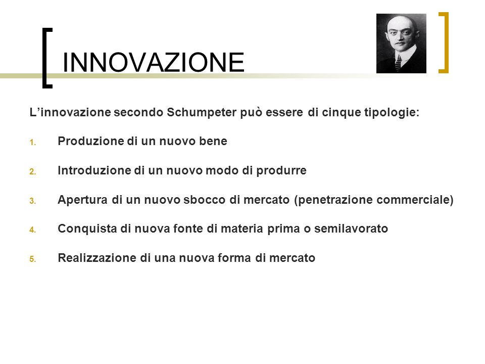 INNOVAZIONE L’innovazione secondo Schumpeter può essere di cinque tipologie: Produzione di un nuovo bene.