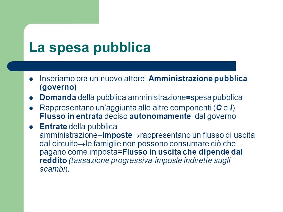La spesa pubblica Inseriamo ora un nuovo attore: Amministrazione pubblica (governo) Domanda della pubblica amministrazione=spesa pubblica.