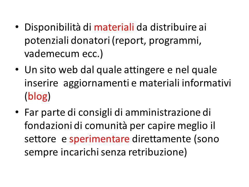 Disponibilità di materiali da distribuire ai potenziali donatori (report, programmi, vademecum ecc.)