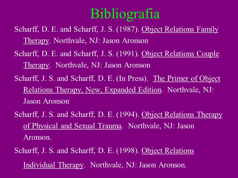 Bibliografia Scharff, D. E. and Scharff, J. S. (1987). Object Relations Family Therapy. Northvale, NJ: Jason Aronson.
