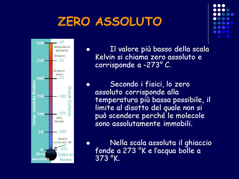 ZERO ASSOLUTO Il valore più basso della scala Kelvin si chiama zero assoluto e corrisponde a -273° C.