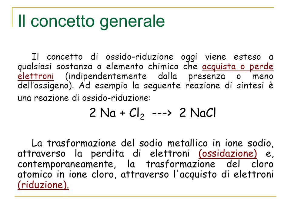 Il concetto generale 2 Na + Cl2 ---> 2 NaCl