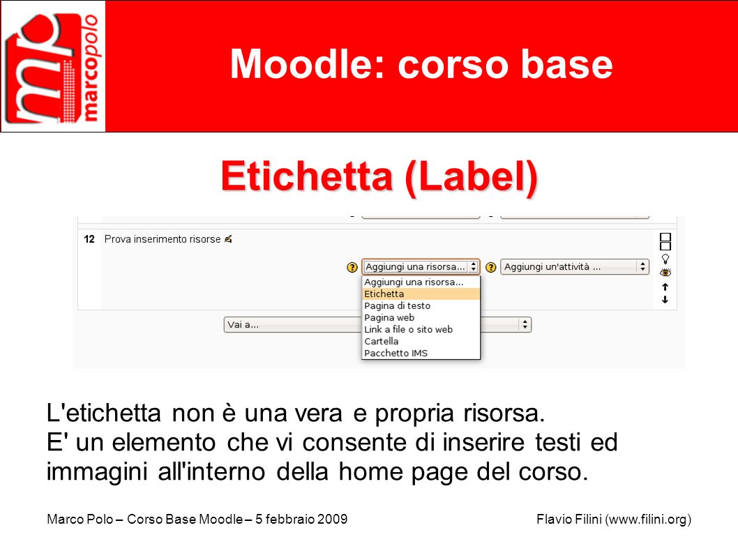 Moodle: corso base Etichetta (Label)‏