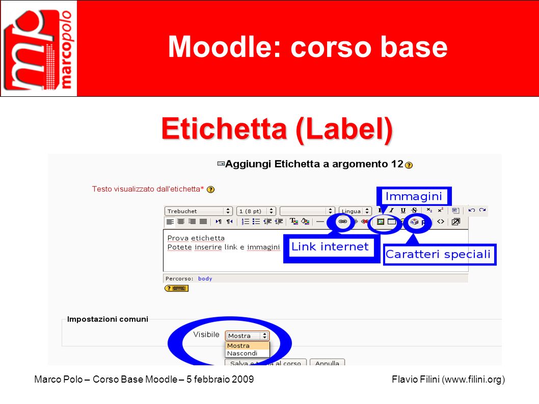 Moodle: corso base Etichetta (Label)‏