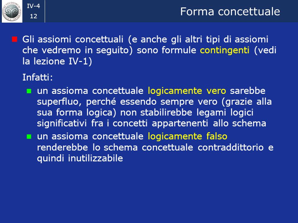 Forma concettuale Gli assiomi concettuali (e anche gli altri tipi di assiomi che vedremo in seguito) sono formule contingenti (vedi la lezione IV-1)