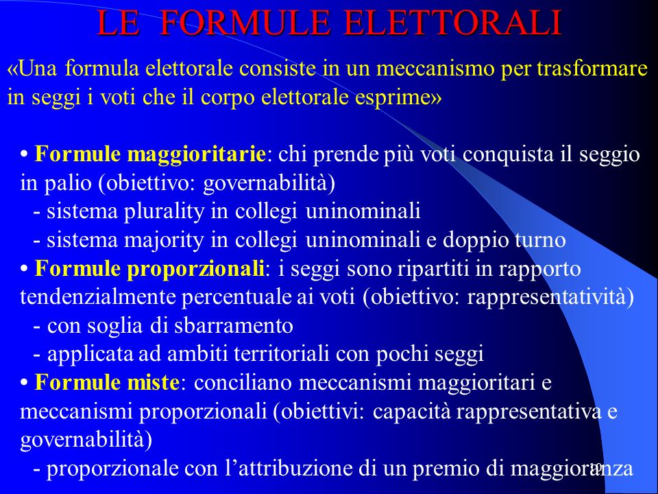LE FORMULE ELETTORALI «Una formula elettorale consiste in un meccanismo per trasformare in seggi i voti che il corpo elettorale esprime»