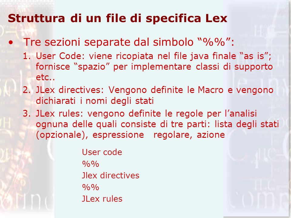Struttura di un file di specifica Lex