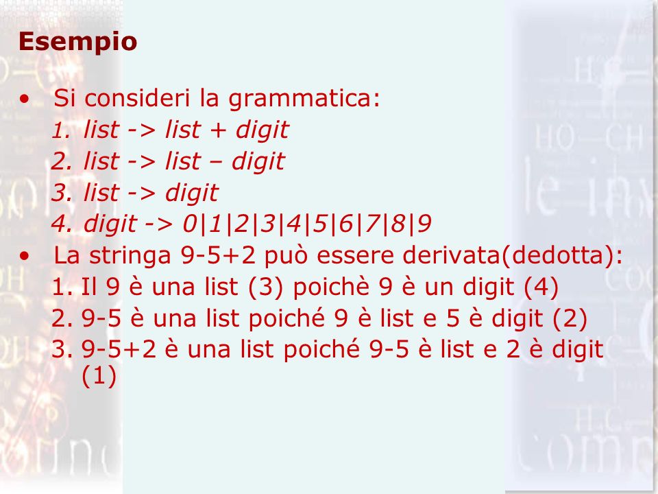 Esempio Si consideri la grammatica: list -> list – digit