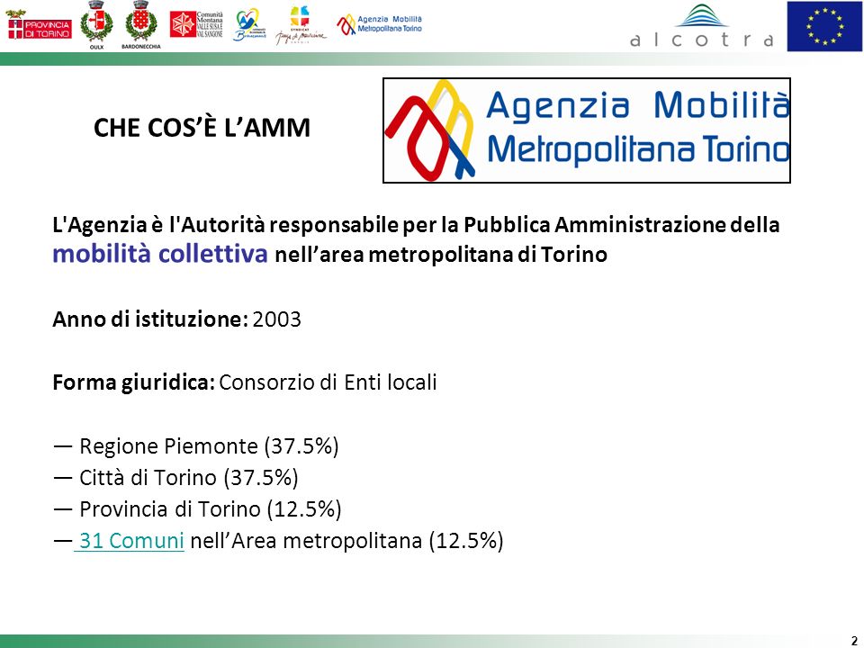 CHE COS’È L’AMM L Agenzia è l Autorità responsabile per la Pubblica Amministrazione della mobilità collettiva nell’area metropolitana di Torino.
