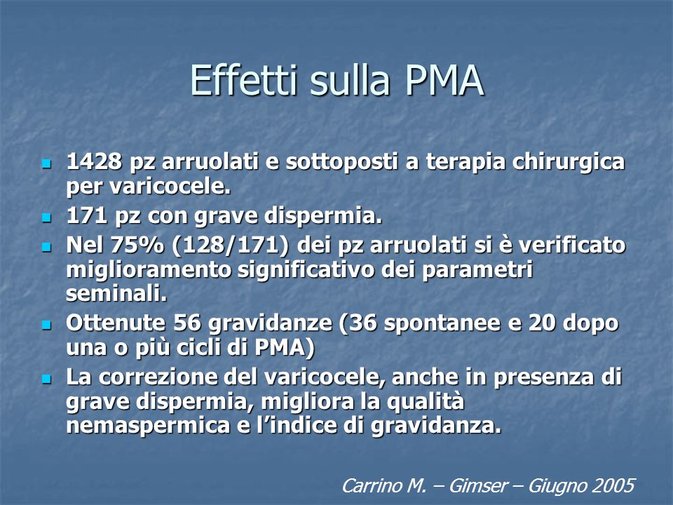 Effetti sulla PMA 1428 pz arruolati e sottoposti a terapia chirurgica per varicocele. 171 pz con grave dispermia.
