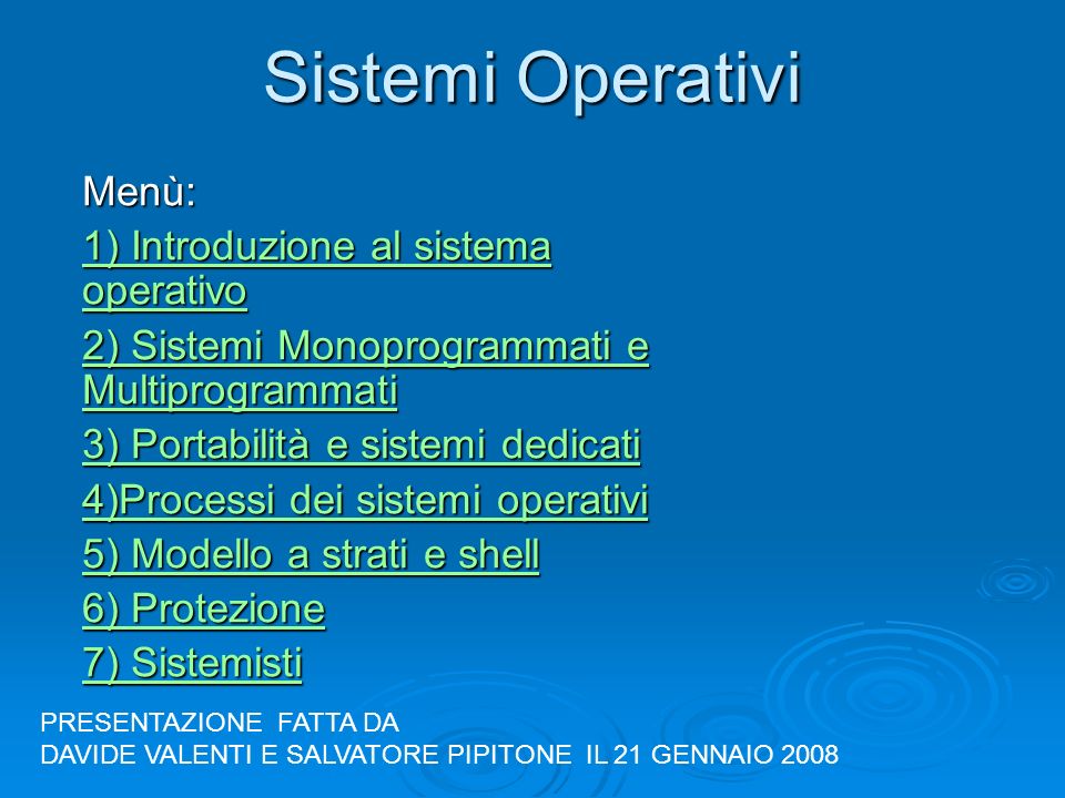 Sistemi Operativi Menù: 1) Introduzione al sistema operativo