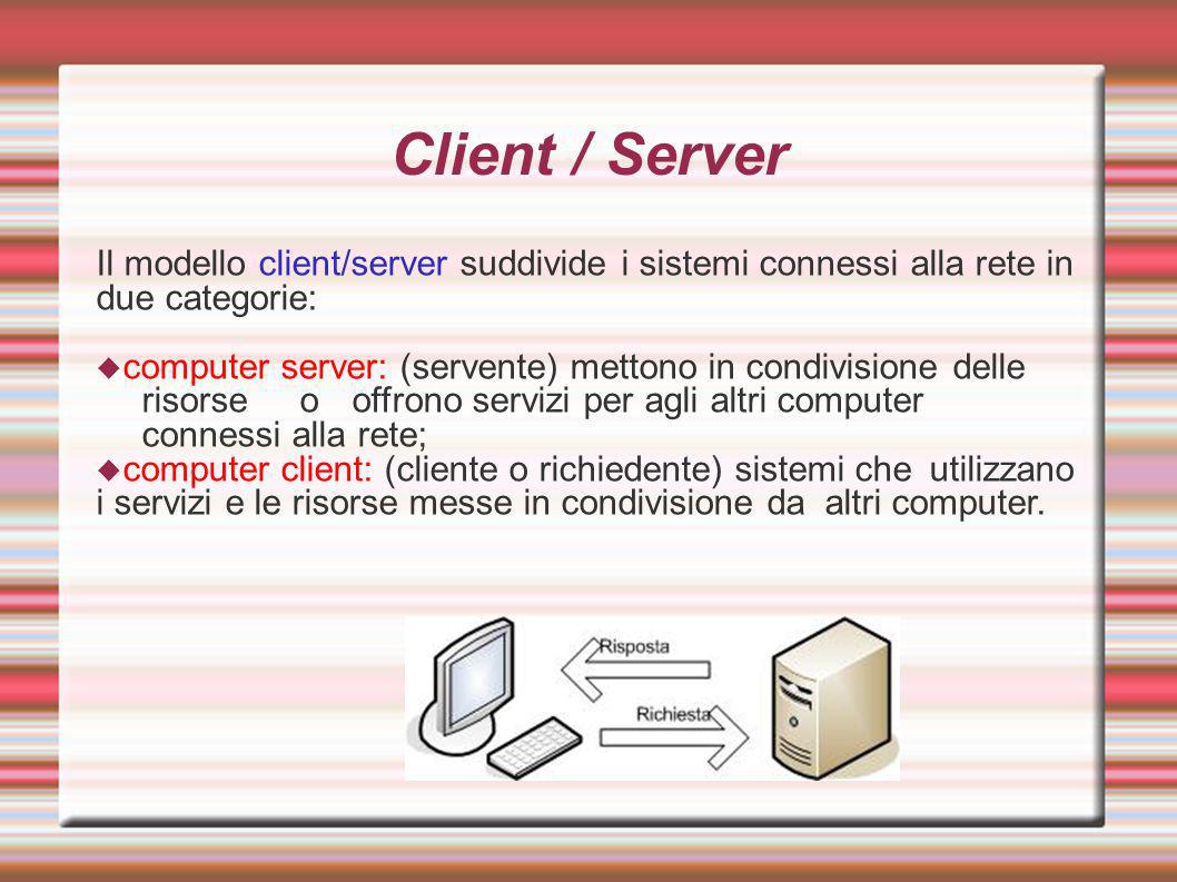 Client / Server Il modello client/server suddivide i sistemi connessi alla rete in due categorie: