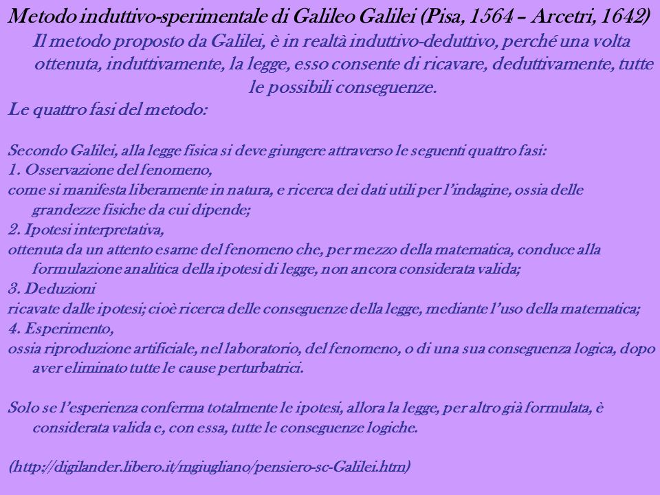 Metodo induttivo-sperimentale di Galileo Galilei (Pisa, 1564 – Arcetri, 1642)