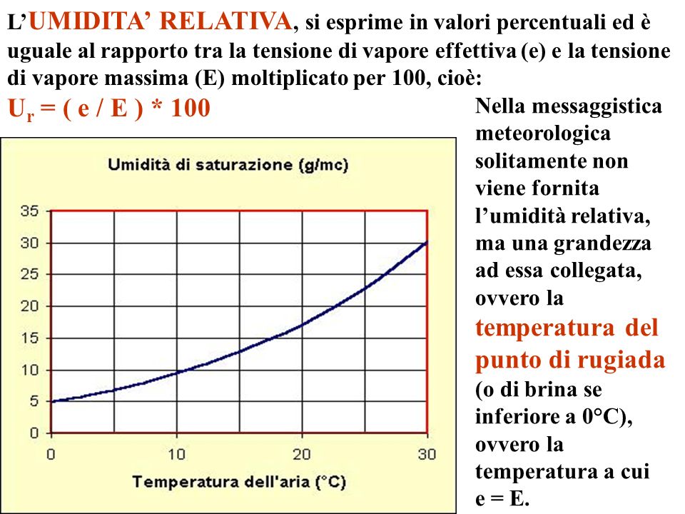 L’UMIDITA’ RELATIVA, si esprime in valori percentuali ed è uguale al rapporto tra la tensione di vapore effettiva (e) e la tensione di vapore massima (E) moltiplicato per 100, cioè: Ur = ( e / E ) * 100