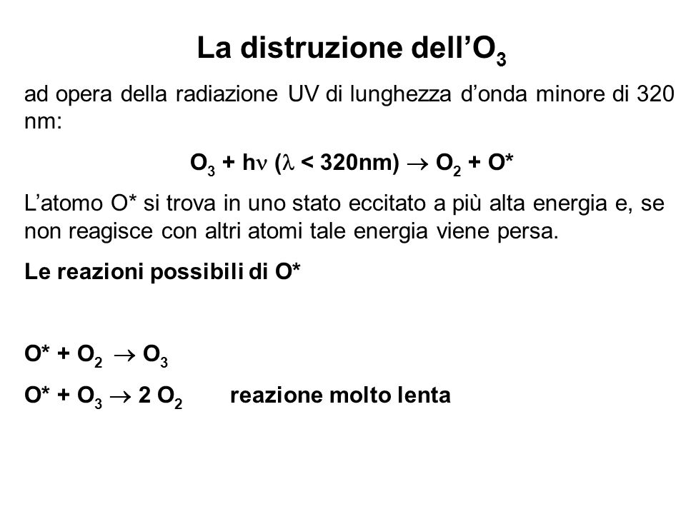 La distruzione dell’O3 ad opera della radiazione UV di lunghezza d’onda minore di 320 nm: O3 + h ( < 320nm)  O2 + O*