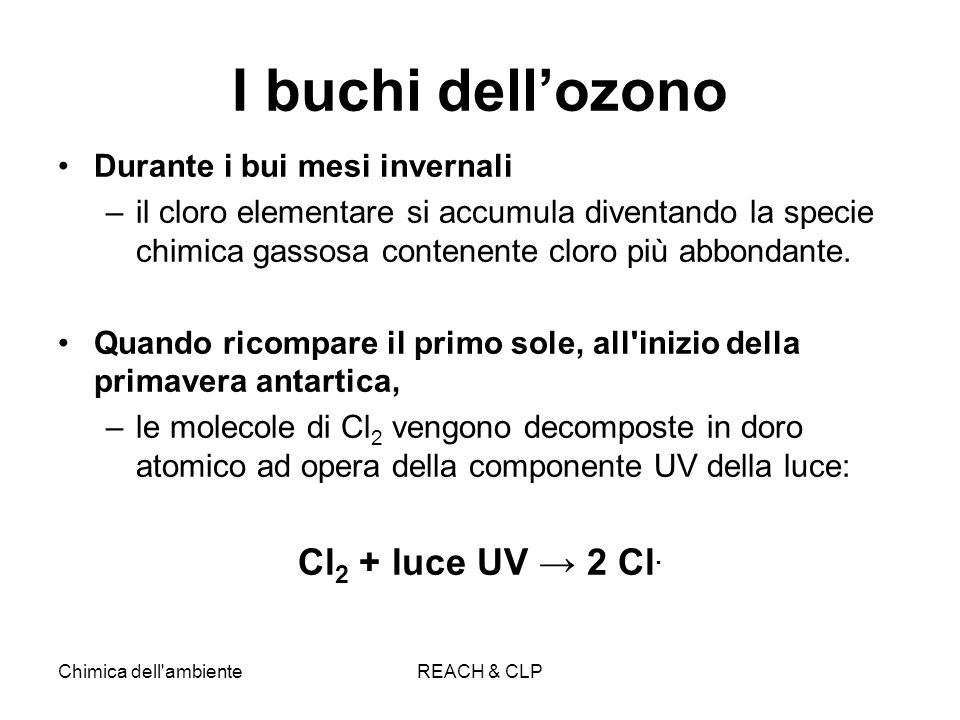 I buchi dell’ozono Cl2 + luce UV → 2 Cl. Durante i bui mesi invernali