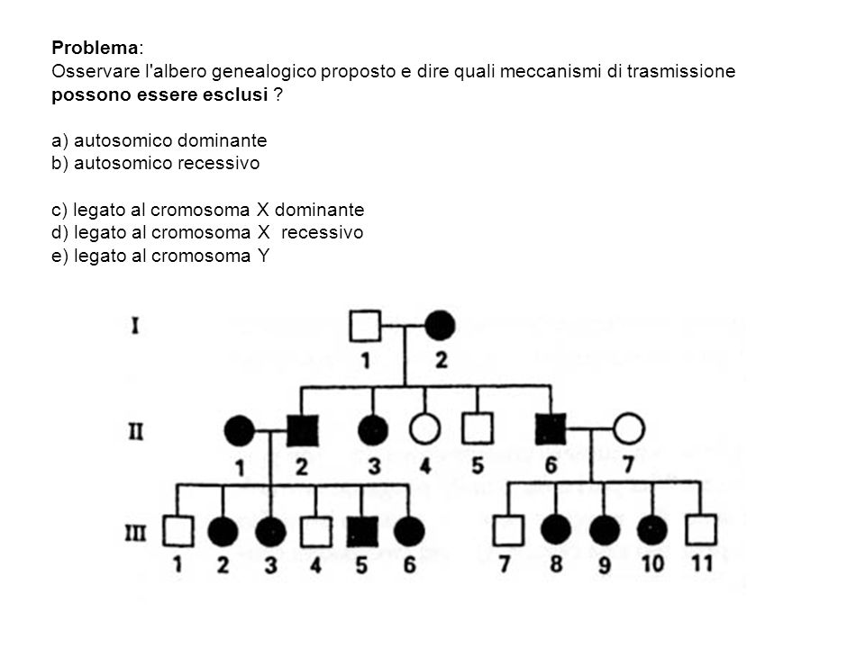 Problema: Osservare l albero genealogico proposto e dire quali meccanismi di trasmissione possono essere esclusi