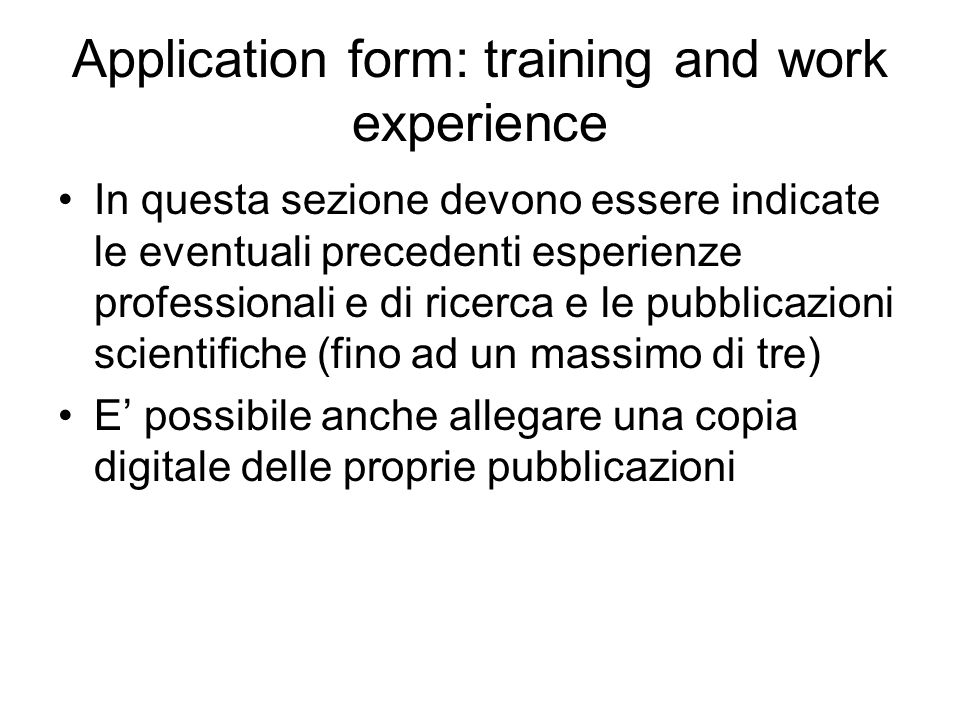 Application form: training and work experience