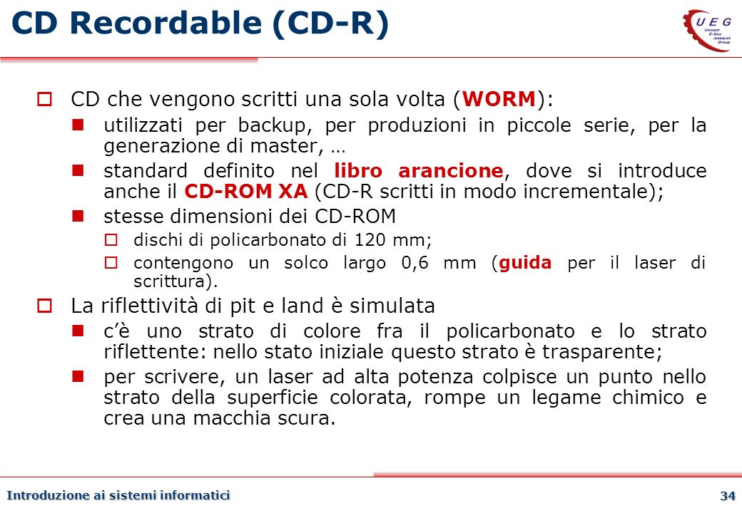 CD Recordable (CD-R) CD che vengono scritti una sola volta (WORM):