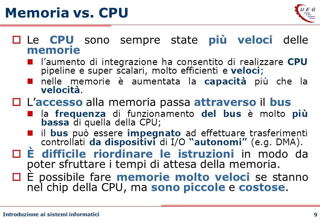 Memoria vs. CPU Le CPU sono sempre state più veloci delle memorie