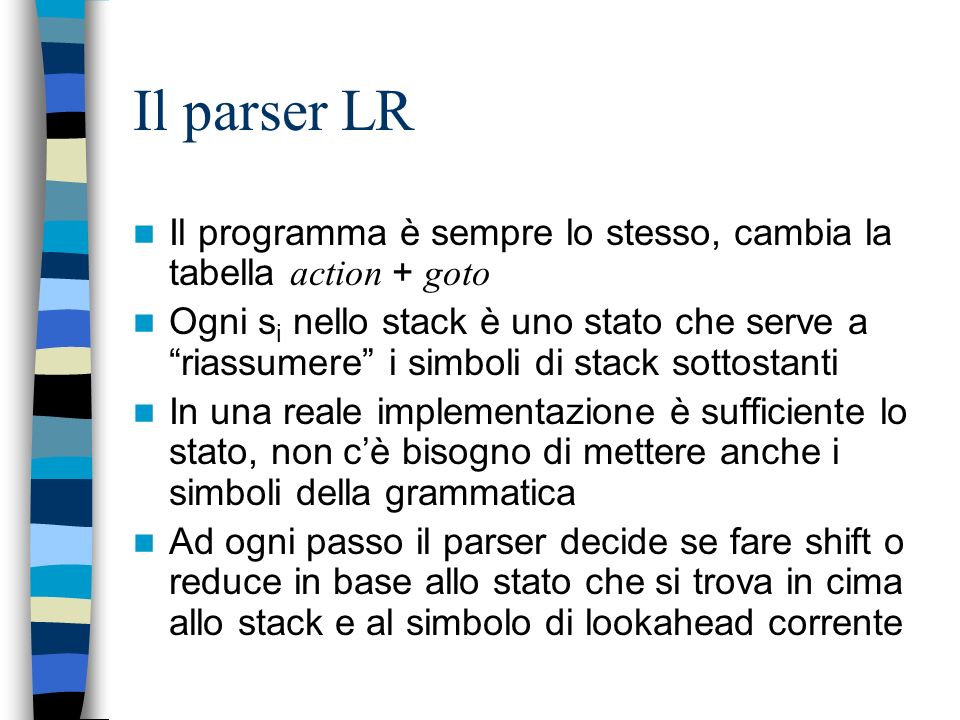 Il parser LR Il programma è sempre lo stesso, cambia la tabella action + goto.